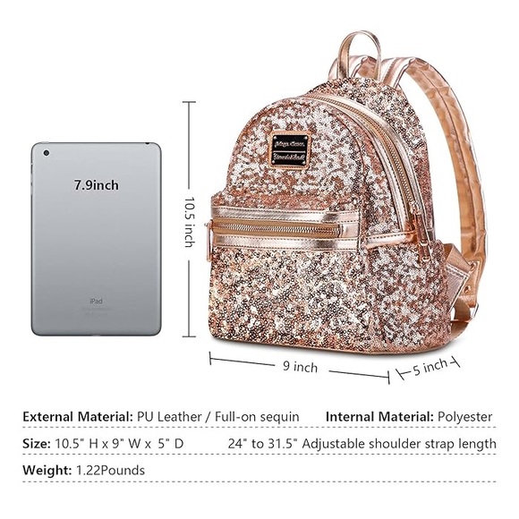 Girls Fashion Rose Gold Sequin Mini Backpack Purse - Picture 4 of 6